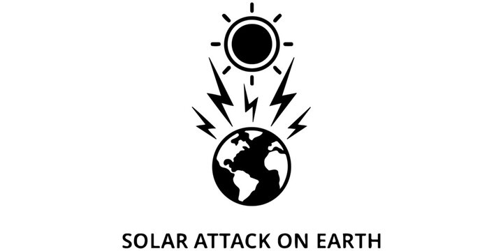 Solar storm and geomagnetic flare hitting planet Earth concept icon. Vector line art illustration of solar attack, space weather, and coronal mass ejection impacting the globe in flat outline style.
