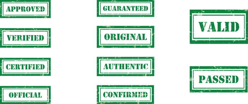 Grunge Business Approval Stamp Collection &ndash; Approved, Verified, Certified, Valid, Confirmed Grunge Rubber Stamp Vector