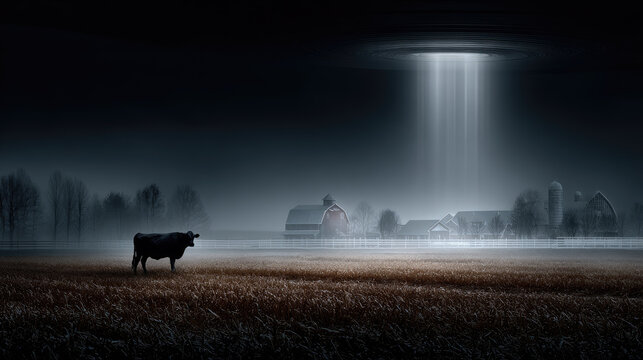 UFO Day. Alien flying saucer hovering above a cow in a rural farm field at night, emitting a bright light while preparing for an abduction, creating an unexplained phenomenon