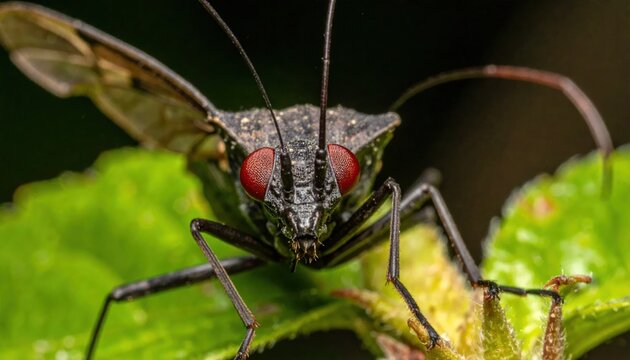 Extreme Close Up Macro Shot of a Stink Bug with Red Eyes on a Green Leaf.