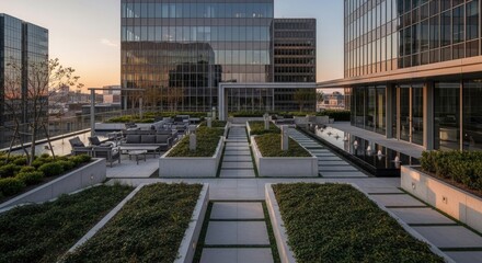 Obraz premium Modern rooftop garden with office buildings at sunset architectural design