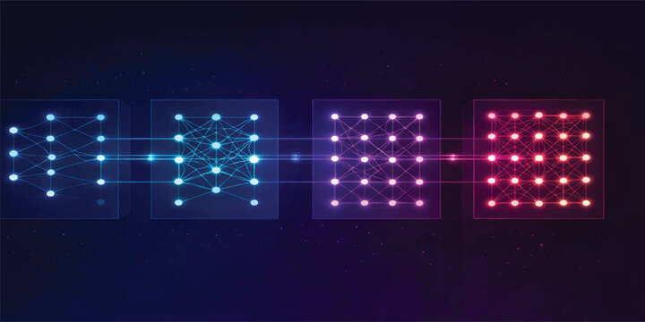 Abstract Deep Learning Neural Network Layers Visualization with Glowing AI Data Processing Blocks