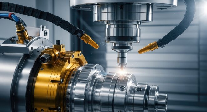 Precision cnc machine tooling close up manufacturing process in workshop