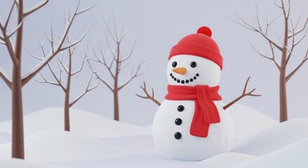 Fototapeta premium Snowman with red accessories standing in snowy winter landscape scene