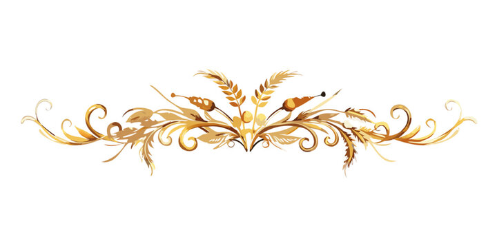 Golden harvest wheat ornamental scroll divider element, vector