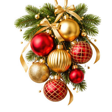 Festive christmas ornament cluster with red and gold baubles fir branches isolated on transparent background