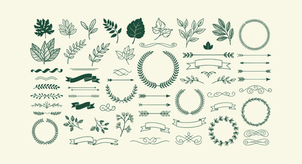 Hand Drawn Vintage Floral Elements Set with Wreaths, Leaves, Banners, Arrows and Decorative Borders © Salma