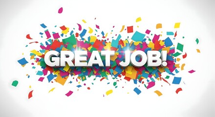 Fototapeta premium Bright and celebratory 'Great Job!' text graphic with a burst of colorful confetti, a dynamic and cheerful design on a clean white background, ideal for recognition.