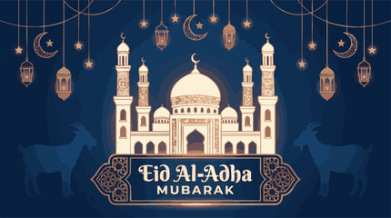 Festive Eid Al-Adha Mubarak with mosque, goats, crescent, and lanterns © RAIXEL