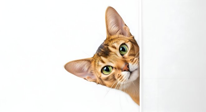 Curious Bengal cat peeking around a white corner, showcasing striking spotted coat, captivating green eyes, and playful expression, isolated on a clean background.