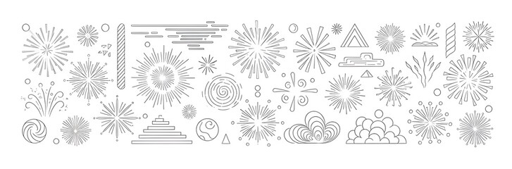 Fototapeta premium Linear abstract design featuring a variety of stylized bursts, swirls, and geometric shapes in a monochromatic gray palette, creating a modern pattern.