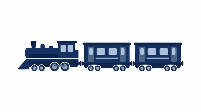 Minimalist blue train with engine and two passenger carriages on white background