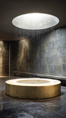 Fototapeta premium Circular stone fountain beneath ceiling opening with falling water