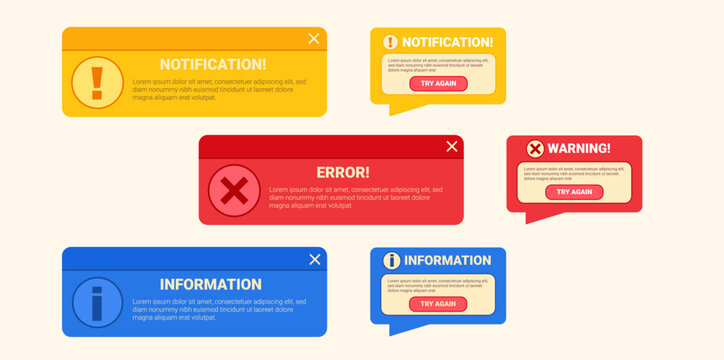 Reminder UI window. Digital popup notification showing system alert message with caution icon, designed for mobile and computer interface applications with clear UI elements. Vector