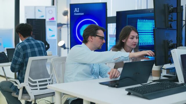 collaborative AI development team in modern tech office: young male developer coding on laptop, female team leader in light blue blazer pointing at code and neural network visualization	