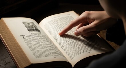 Fototapeta premium Person reading book close up of hand pointing at text page in soft lighting