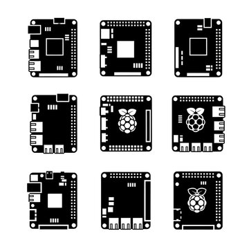 Set of Raspberry Pi boards and circuit board icons