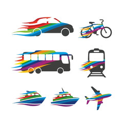 Fototapeta premium Colorful Transportation Icons: Car, Bus, Train, Bike, Boat, Airplane