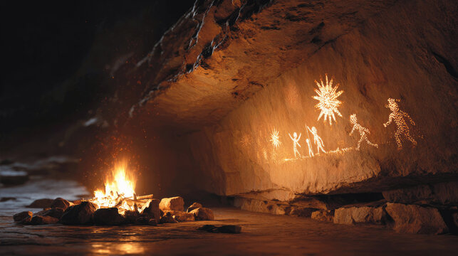 Cave interior illuminated by a campfire with glowing prehistoric-style figures on the rock wall, evoking ancient storytelling, early human culture and primal artistic expression.