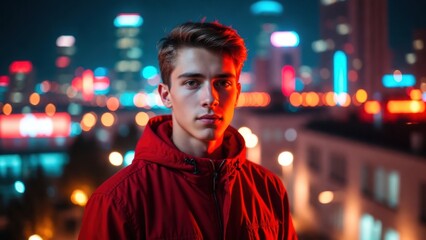 Fototapeta premium Young man standing against city night bokeh background