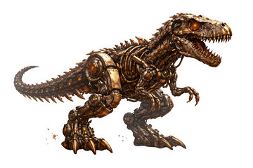 Fototapeta premium Mechanical tyrannosaurus rex robot with intricate gears and metal details isolated on transparent background