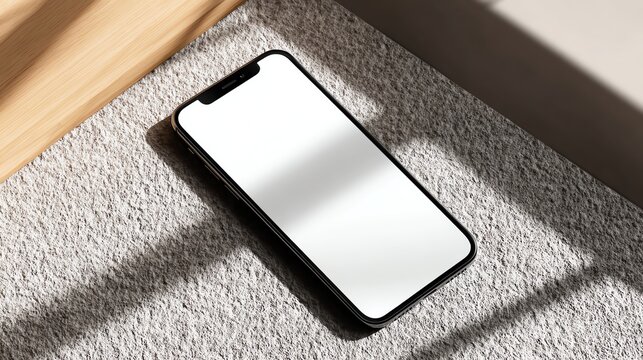 A modern smartphone lies on a soft carpet, catching natural light. Its sleek design complements contemporary aesthetics, showcasing the blend of technology and style in daily life.