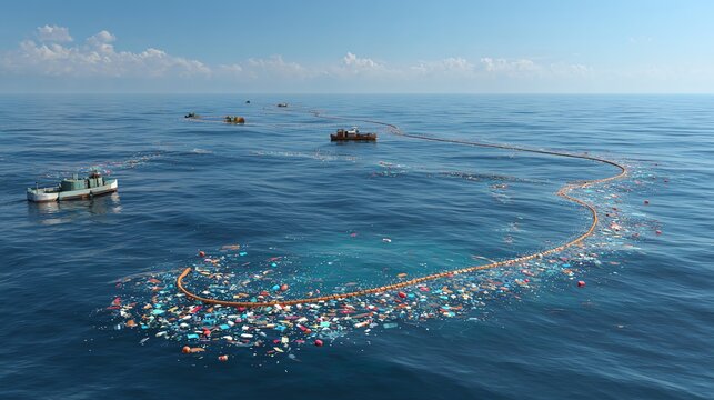 An aerial view of ocean pollution, showcasing a large swath of plastic waste drifting in the water