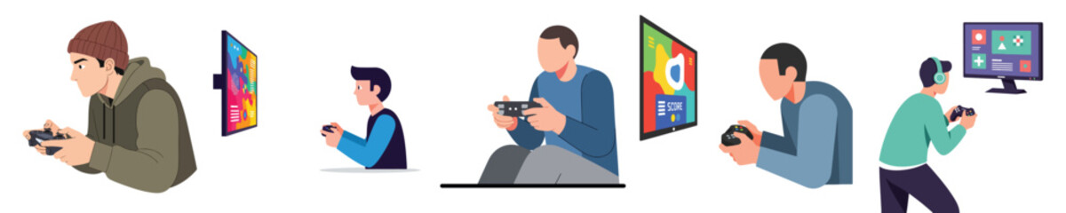 Flat minimalist vector of a person holding a game controller, focused on an off-screen monitor, no outlines, white background. © Haris Lost