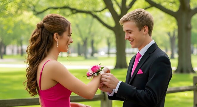 Young couple enjoying a romantic moment outdoors, with the young man gently placing a pink corsage on his date's wrist amidst lush greenery and soft, diffused sunlight.