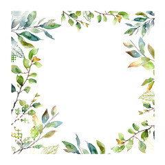 Fototapeta premium square frame with watercolor twigs and green leaves. Summer or spring postcard. Hand drawn. Not AI, vector illustration.