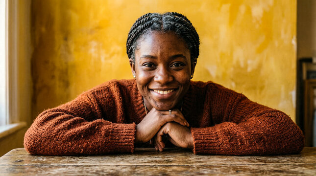 Portrait of confident young woman with braided hair smiling at camera indoors