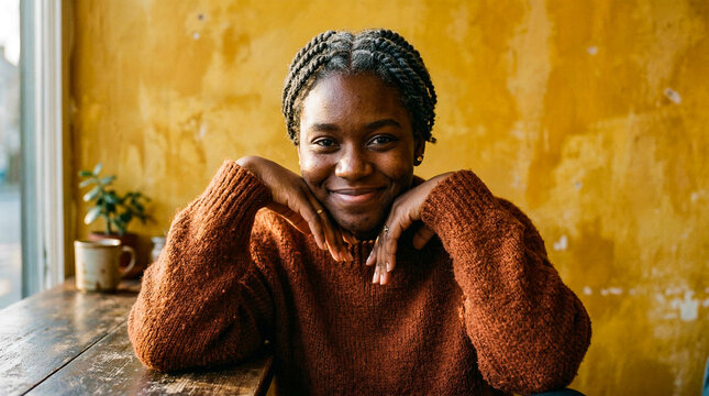 Portrait of joyful young woman with braided hair smiling at camera indoors