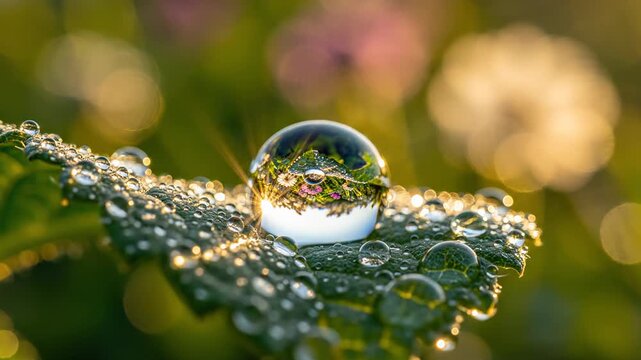 Macro dew drop on green leaf coming into sharp focus from soft blur, sparkling bokeh and warm sunlight, concept of clarity and natural beauty