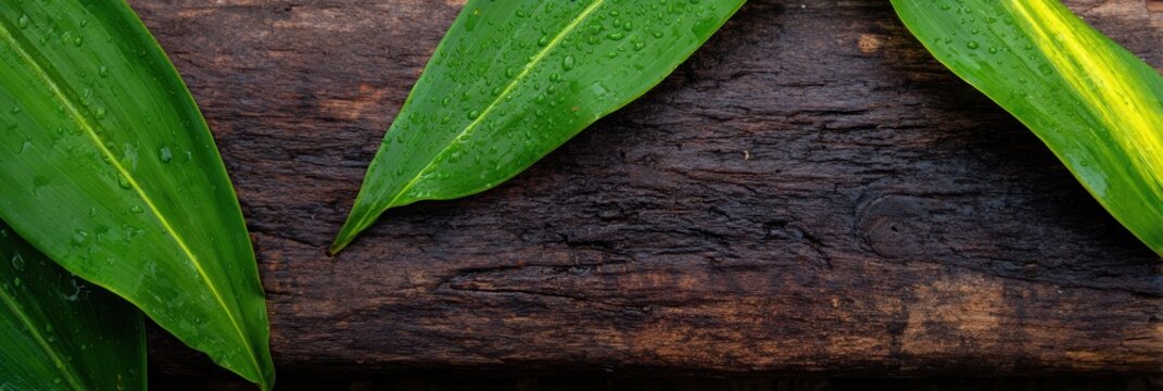 濡れた木の表面に置かれた緑の葉