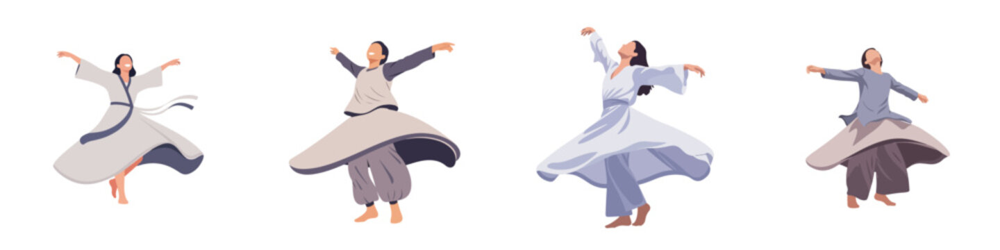 Whirling Dervishes Performing Sufi Dance in Traditional White Robes, Representing Mysticism and Spirituality