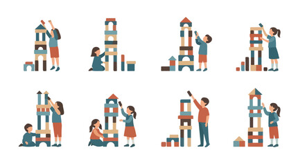 Fototapeta premium Joyful children engaged in creative construction, building colorful wooden block towers and developing essential skills through imaginative play and learning activities