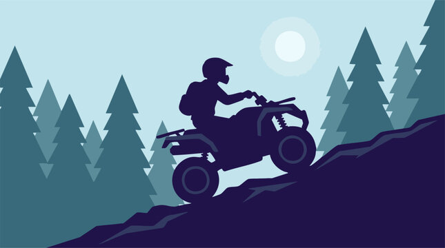 ATV rider climbing a rocky hill in a forest landscape during sunset