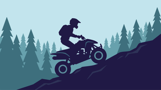 Off-Road ATV Rider Silhouette Climbing a Steep Hill in a Forest