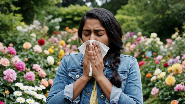 Young Indian woman sneezing in a blooming flower garden. Female experiencing seasonal allergies or hay fever, using a tissue to blow her nose. Health and discomfort concept
