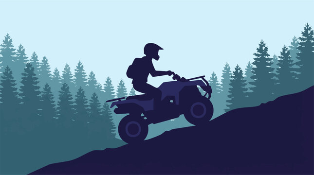 Silhouette of person on ATV riding uphill through a forest landscape