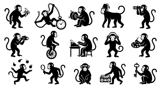 A diverse set of black silhouette monkeys performing various human-like activities, illustrating concepts of intelligence, creativity, and entertainment in a playful vector style.