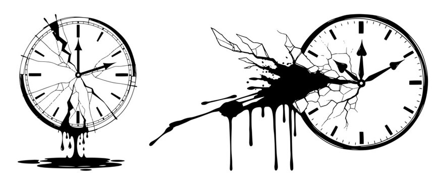 Surreal illustration of melting and broken clocks with ink splatters and cracks