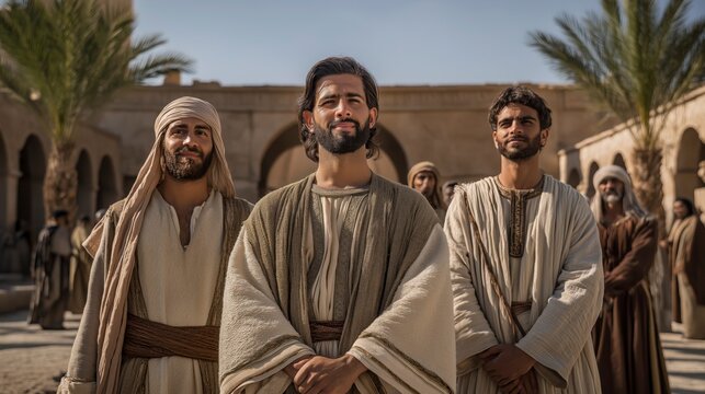 Daniel and his companions stand strong in a Babylonian courtyard as morning light reveals their health and faithfulness among other trainees.

