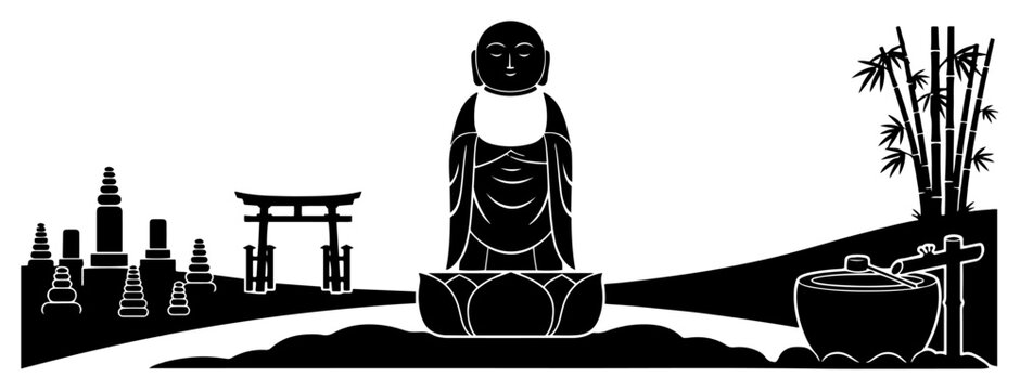 Zen meditation landscape silhouette featuring Buddha statue and traditional Japanese architecture symbols