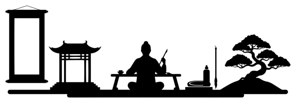 Silhouette of a traditional Japanese calligraphy artist practicing mindfulness with bonsai and torii gate