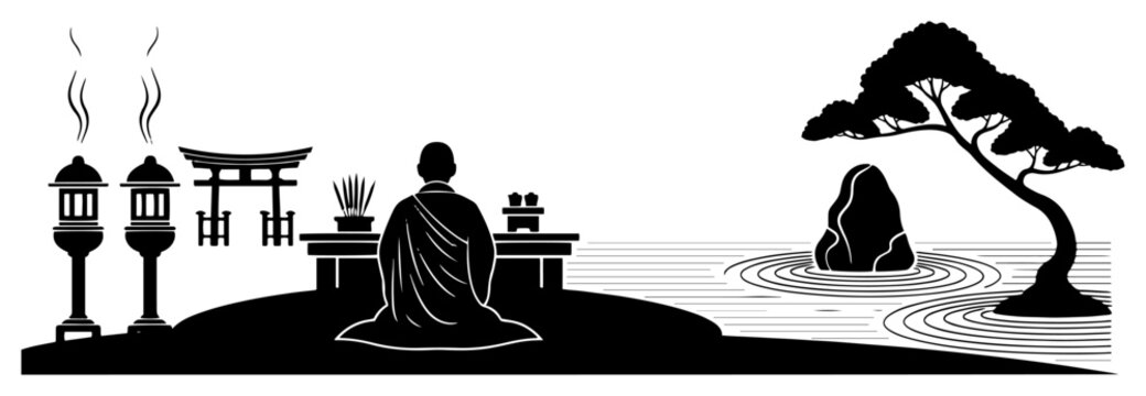 Minimalist silhouette of a Zen monk meditating in a Japanese rock garden with torii gate and stone lanterns