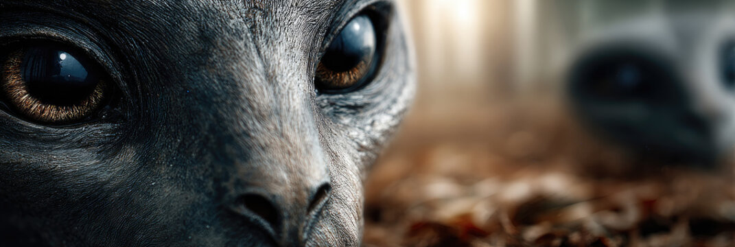 UFO Day .Close up portrait of a grey alien with large dark eyes staring forward, symbolizing an extraterrestrial encounter and the arrival of unknown life forms from space
