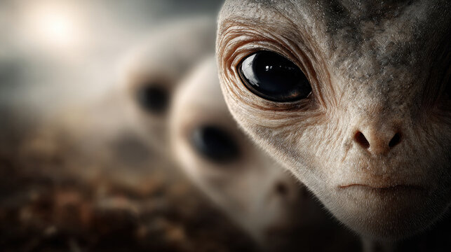 Group of friendly extraterrestrial beings seeing something with large black eyes, contemplating human existence and searching for universal knowledge, celebrating UFO day event
