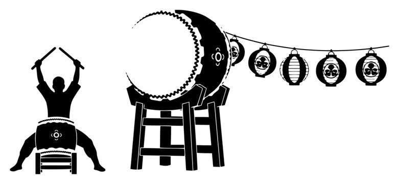 Dynamic silhouette of a Japanese taiko drummer playing large traditional percussion instruments during a summer festival