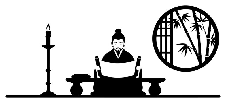 Silhouette of a traditional Asian scholar reading a scroll by candlelight next to a bamboo window